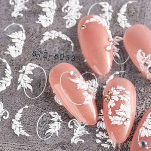 5D Geprägte Weiße Blumen Nail Art Aufkleber Blossom Floral White Petal Puffy Selbstklebende Nail Art Decals S95D
