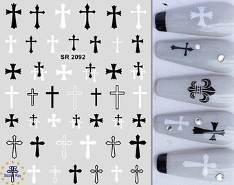 Cross Nail Art Stickers Decaks Black White Cross Hollow Flower Self-Adhesive Nail Art Decals