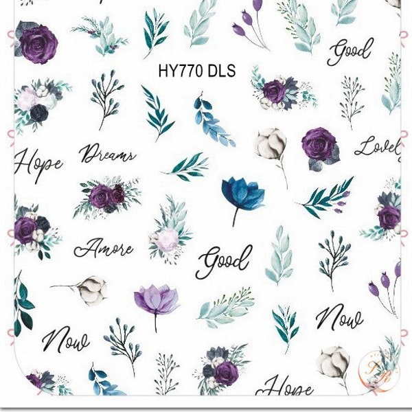 Rose Cotton Flowers Branch Leaves Nail Stickers Purple Rose Green Leaf Self-Adhesive Nail Art Decals Stickers HANYIDLS