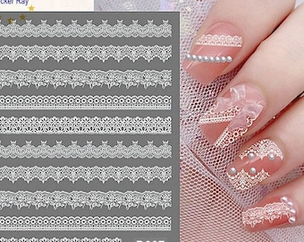 White Lace Nail Stickers Damask Seamless Pattern Self-Adhesive Nail Decals MSCMS
