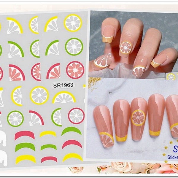 Pastel French Tips Lime Lemon Orange Grapefruit Slices Nail Stickers Fresh Lemon Orange Slice Self-Adhesive Nail Art Decals JOYJ