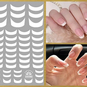 May include: A sheet of white nail tips with a curved shape. The sheet has 50 tips in total. The sheet has the text "MISS COLOUR S351MS" printed on it.