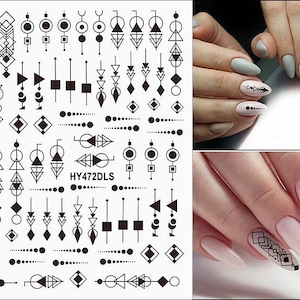 May include: Black and white geometric nail art stickers with a variety of shapes and designs. The stickers are shown on a model's nails.