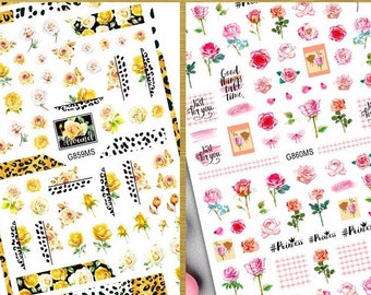 Pegatinas para decoración de uñas, diseño de rosas, flores, amarillo, azul, blanco, rosas, verano, primavera, florales, autoadhesivas, FMS