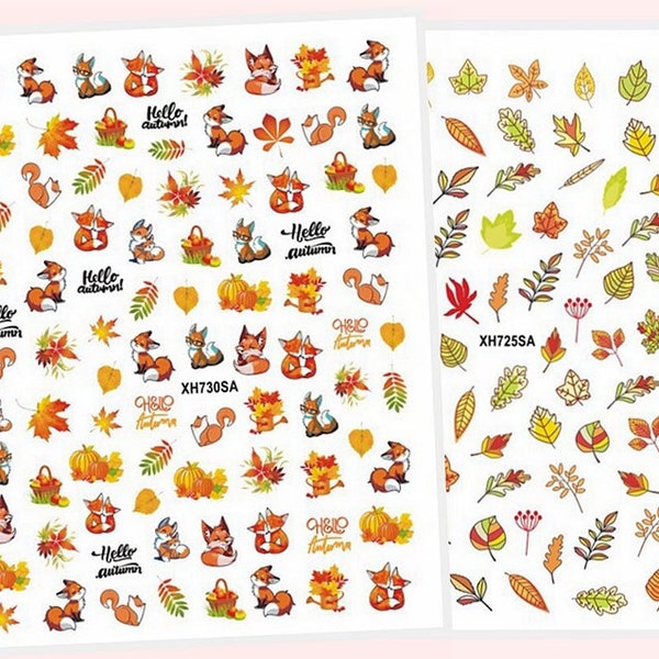 Fall Leaves Harvest Season Nail Stickers Yellow Leaf Red Fox Mushroom Pumpkins Apple Thanksgiving Autumn Self-Adhesive Nails WGSA