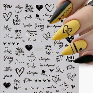 Adesivos de Nail Art com Letras de Amor e Coração Preto, 4 Cores, Prata, Ouro, Coração, Dia dos Namorados, Autoadesivos (10 Cores) MeSA