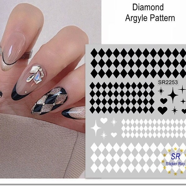 Argyle Pattern Diamond Nail Stickers Diamond Pattern Heart Stars Black White Self-Adhesive Nail Art Decals JOYJ