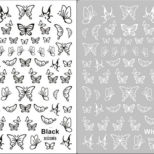 Butterfly White Nail Art Stickers Blue Butterflies outline Hollow Gold Silver Black Red 12 Colors Self-Adhesive Nail Art Decals SMS333