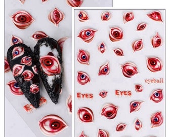 5D Embossed Halloween Nail Art Stickers: Red Eye Dripping Blood Eyeballs