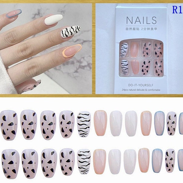 Cow Print Press on Nail Decals Marble Short Nail Press-on Nails White Daisy Flowers Spotted Black Set