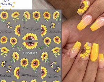 5D Embossed Sunflower Nail Stickers Pink Cherry Blossom Engraved Flower Sunflower Self Adhesive Nail Art Decal S8Series