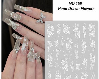 Pegatinas de uñas de flores dibujadas a mano blancas 5D, líneas de mariposa semitransparentes, flores, autoadhesivas, calcomanías de uñas en relieve 5D MOYJ