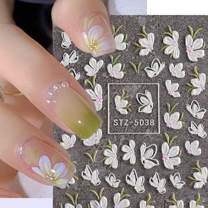 5D flores de Camelia en relieve pegatinas para decoración de uñas flor pétalo blanco inflado autoadhesivo pegatinas para decoración de uñas S95D