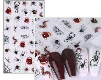 5D geprägte Halloween Nail Art Sticker: Hundertfüßer Skorpion Gefährlicher Käfer Spinnennetz