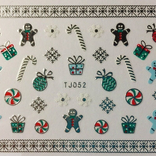 Silver Christmas Nail Art Stickers Decals Snowmen Santa Reindeer Gingerbread Man Blue Bird Candy Cane Snowflake Self-Adhesive