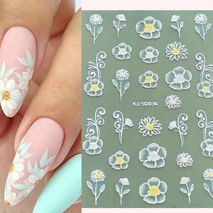 5D geprägte durchscheinende Blumen Nagelaufkleber weiße Gänseblümchen Blumen selbstklebende Nail Art Aufkleber KJ5DJJ