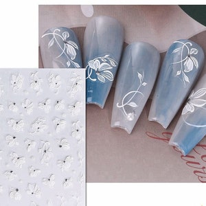 5D Geprägte Nail Art Aufkleber Weiße Blumen Kirschblüte Kamelie Pfingstrose Selbstklebende Nail Art Aufkleber S3Pro