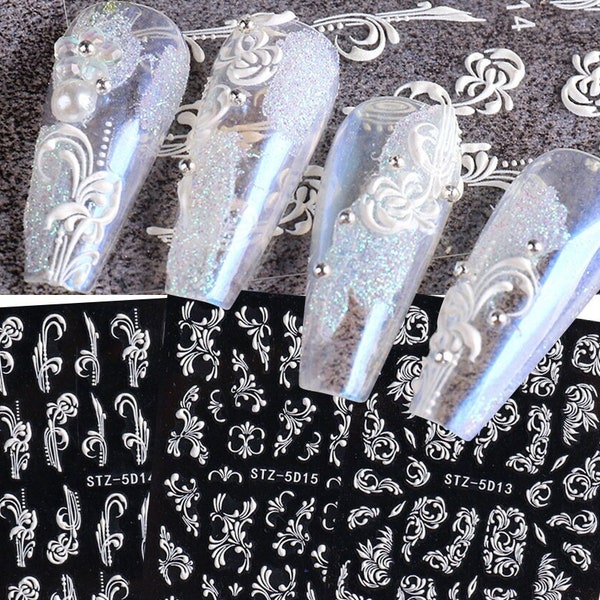 5D Embossed Flowers Nail Stickers Lace Rose Flower French Tips Blossom Branches Self Adhesive Nail Art Decal S95D