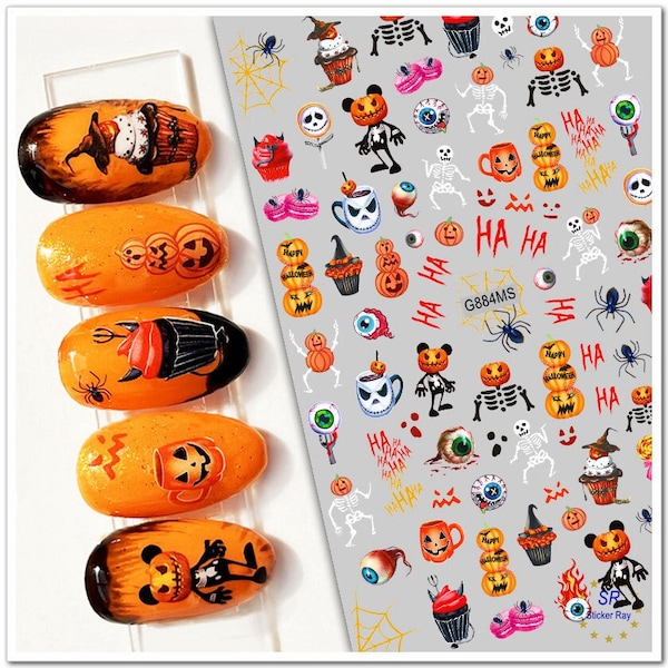 Halloween Nail Stickers Ghost Pumpkin Skull Ghost Grave Witch Black Cat Bloody Drip Spider Web BOO Self Adhesive Nail Art Decals HOL