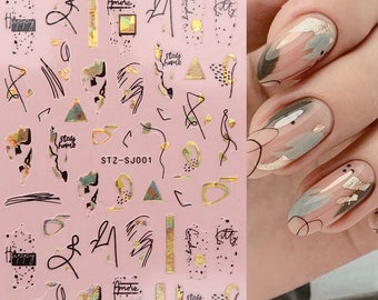 Rose Gold Leopard Print Nail Sticker Geometric Lines Flowers Women Face Abstract Line Leaf Heart Spots Self Adhesive Nail Decals S9Series