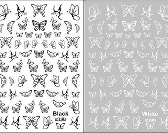 Butterfly White Nail Art Stickers Blue Butterflies outline Hollow Gold Silver Black Red 12 Colors Self-Adhesive Nail Art Decals SMS333