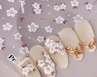 5D Embossed Nail Art Stickers Cherry Blossom White Spring Flowers Camellia Peony Floral Tulip Self Adhesive Nail Art Decal S3Pro