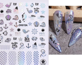 Silver Sea Star Fish Whale Shell Anchor Helm Summer Beach Mermaid Palm Leaf Holographic Self-Adhesive Nail Stickers CJSeries