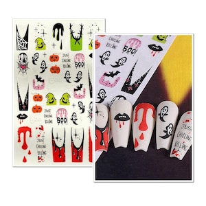 Pegatinas de uñas de calabaza de Halloween, telaraña, fantasma, gato, esqueleto, murciélagos, corazones, sangre goteando, globos oculares, pegatinas autoadhesivas para uñas FMS