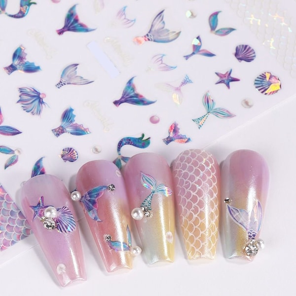 Mermaid Tail Nail Art Stickers Decals Fish Tails Laser Silver Fish Scales Shell Starfish Jellyfish Whale Seagull Waves Self Adhesive LN