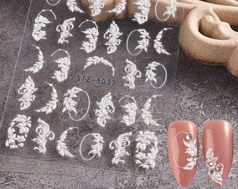 5D Embossed White Flower Nail Art Stickers: Blossom Floral White Petal Puffy