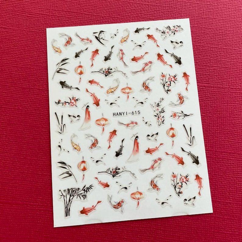 Nail Stickers Koi Fish Swimming Upstream Daisy Flower White Snowflakes Self Adhesive Nail Art Decal image 3