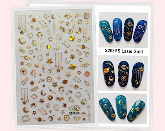 Gold Nail Art Stickers Decals Galaxy Zodiac Constellation Meteor Stars Moons Self-Adhesive Nail Decals FMS