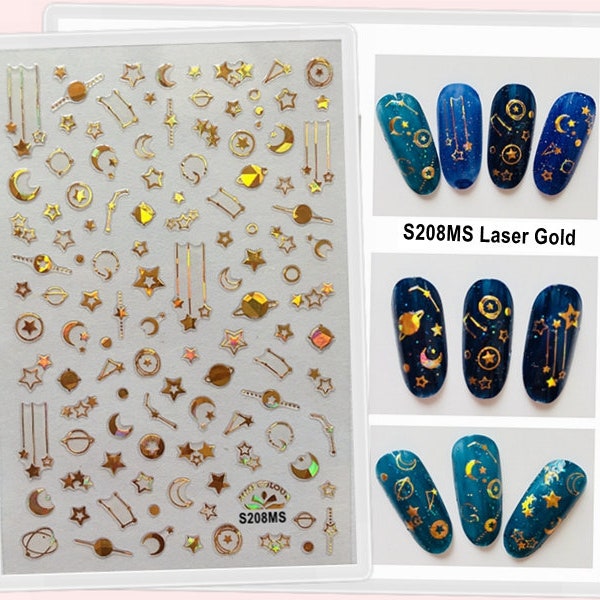 Gold Nail Art Stickers Decals Galaxy Zodiac Constellation Meteor Stars Moons Self-Adhesive Nail Decals FMS