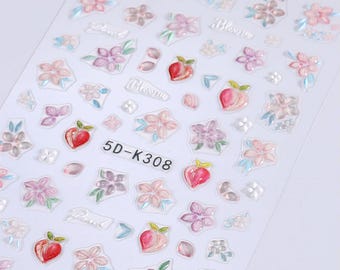 Pink Peach 5D Embossed Nail Art Stickers: Pastel Fruit Daisy Flower Bloom Flowers