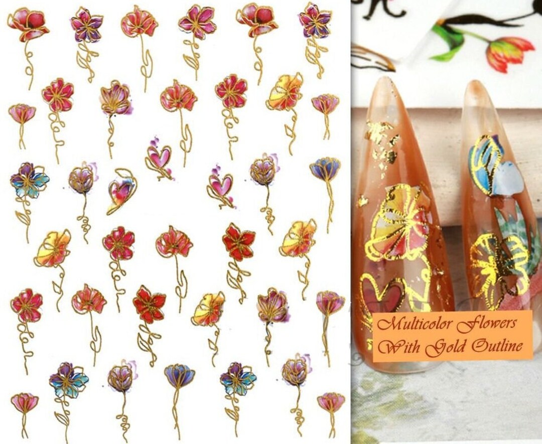 Nagelsticker Frühling Blume – 8 Blatt Selbstklebende Nail Art Aufkleber | Aus Resin, Ungiftig | Für Fingernägel & Fußnägel | Inkl. Schutzlack-Tipp
