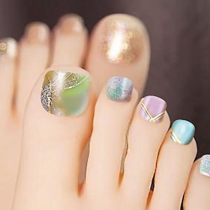Adesivi per unghie dei piedi pastello, strisce ondulate color oro neon e argento, glitter oro, autoadesivi a copertura totale, serie LY