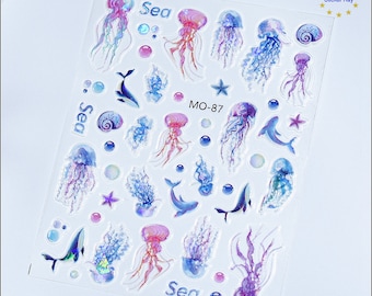 5D Jellyfish Whale Sea Animals Nail Stickers Seashell Sea stars Self Adhesive 5D Embossed Nail Art Decals MOYJ