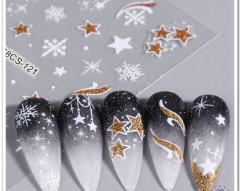 Gold Glitter Star Nail Art Stickers Christmas Tree Snow Ornaments Swirl Wave Glitter Blue Self Adhesive Nail Decal S8CS