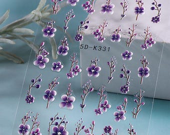 Pegatinas de uñas con relieve 5D de flor de cerezo: Flor de margarita morada en tallos.