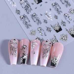Black French Tips Embossed Nail Stickers Small White Floral Pink Swirls Ripple Abstract Flower Leaves Self Adhesive Nail Art Decal S3SWO