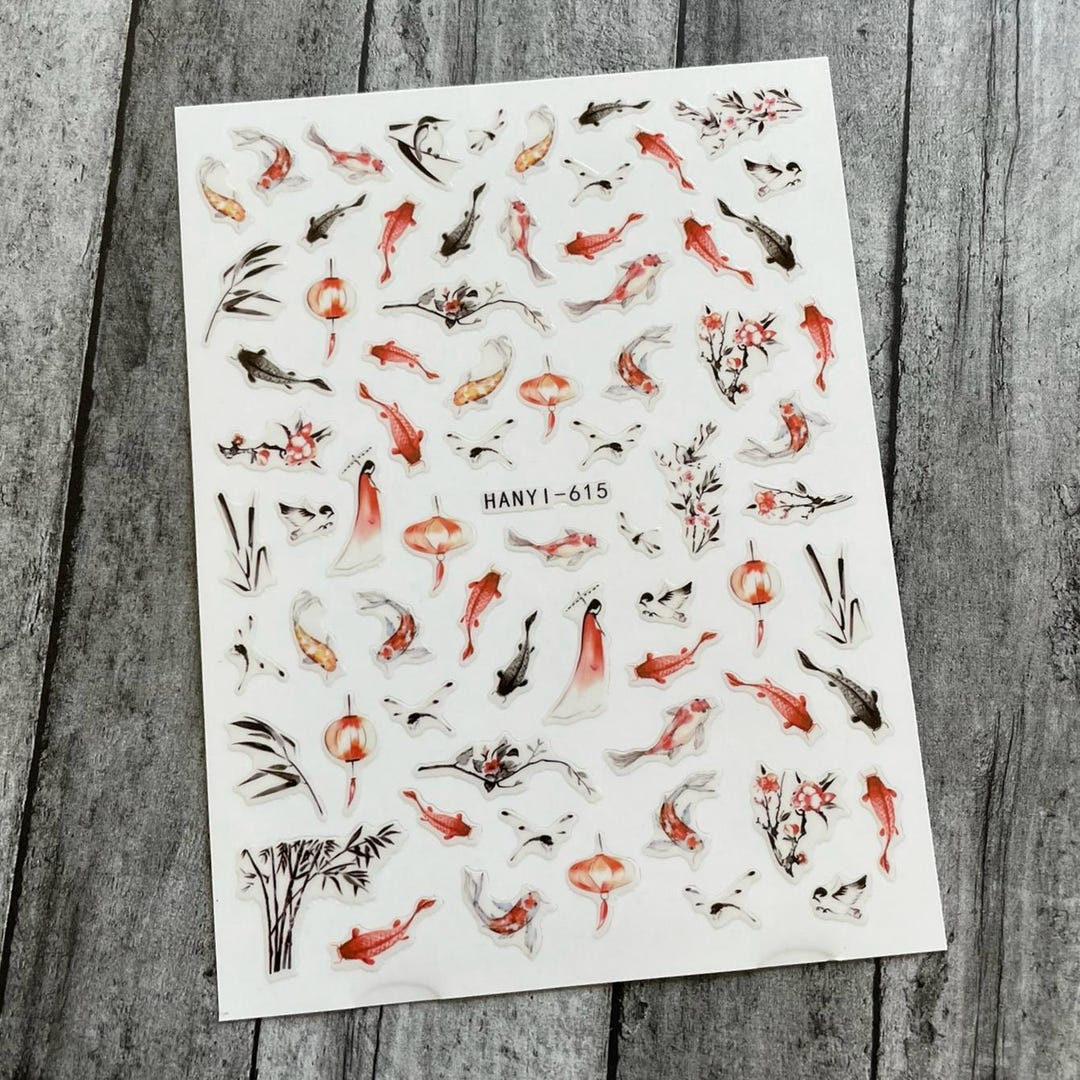 Nail Stickers Koi Fish Swimming Upstream Daisy Flower White Snowflakes ...