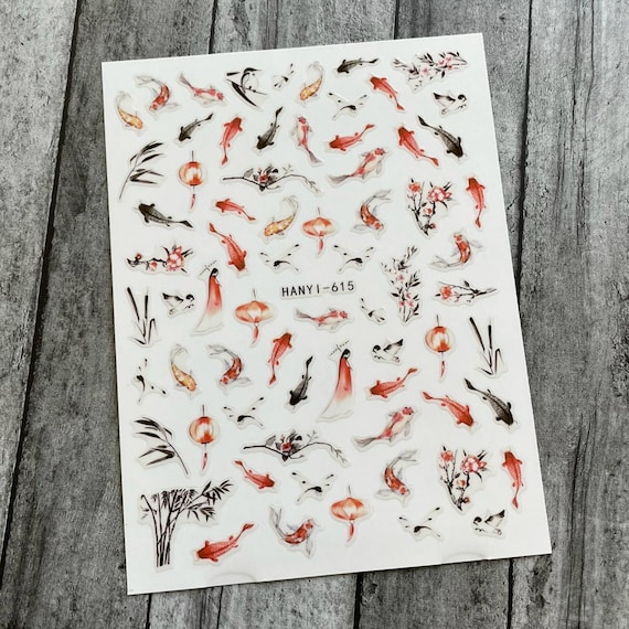 Nail Stickers Koi Fish Swimming Upstream Daisy Flower White Snowflakes Self Adhesive Nail Art Decal