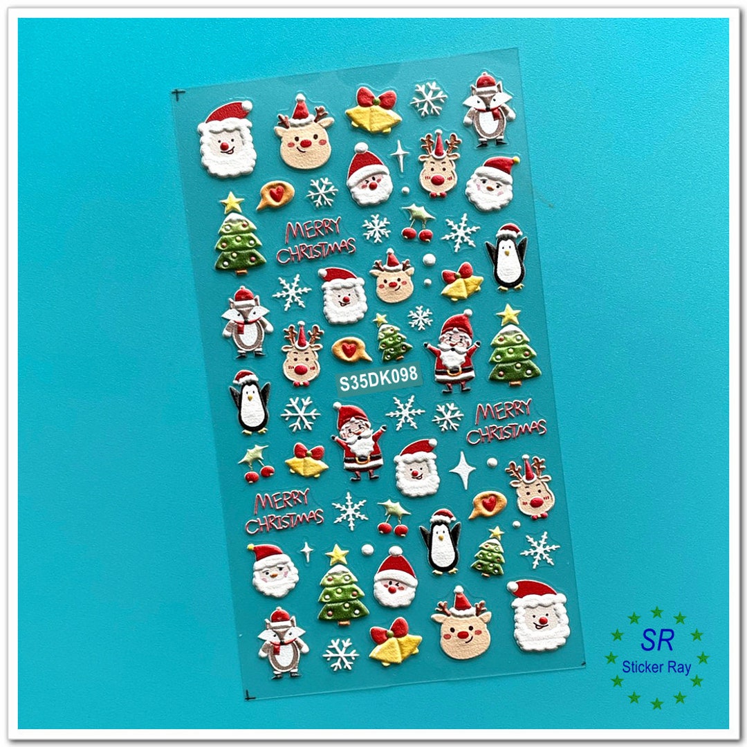 5D Embossed Christmas Tree Nail Stickers Santa Snow Snowman Rudolph