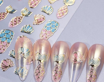 Queue de sirène écailles Nail Art Stickers écaille de sirène bleu rose queue de poisson contour or coquillages autocollants Nail Art auto-adhésifs S8SWA
