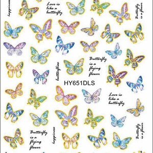 Butterfly Laser Gold Nail Stickers Colorful Butterflies Holographic Self-Adhesive Nail Art Decals HANYIDLS HY651 DLS