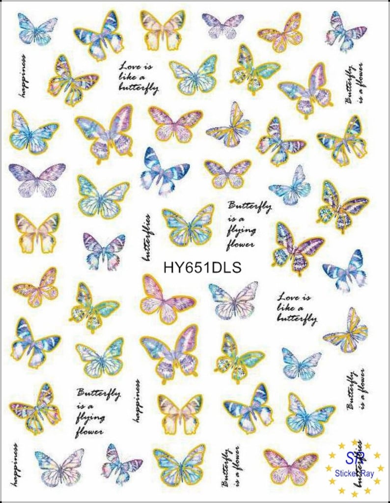 Butterfly Laser Gold Nail Stickers Colorful Butterflies Holographic Self-Adhesive Nail Art Decals HANYIDLS HY651 DLS