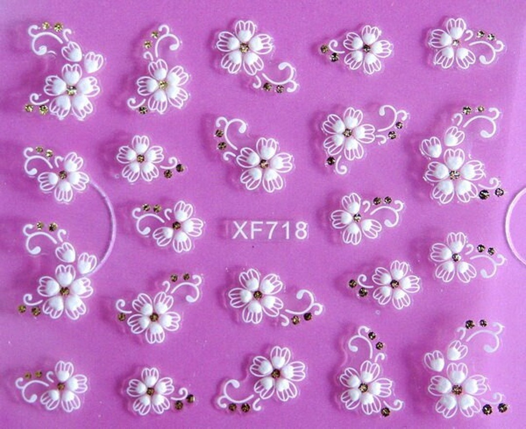 3D White Flower Nail Art Stickers Decals Flowers Daisy Heart Gold