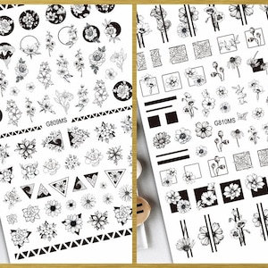 Black Flower Tattoo Nail Stickers Decals Branch Leaves Frame Rose Lily Daisy Moon Self-Adhesive Nail Art Decals FMS