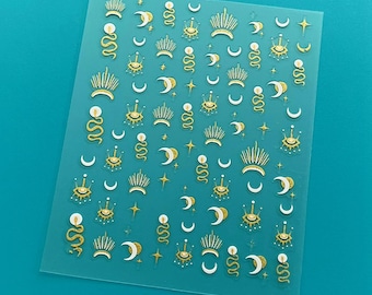 Gold Moon Snake Nail Stickers Snake White Crescent Moon Gold Stars Phases of Cycles in One's Life Self Adhesive Nail Art Decals Stickers S8A