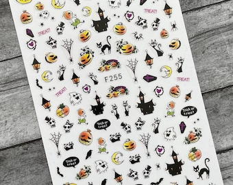 Pumpkin Halloween Nail Stickers Skull Cross Moon Bear Ghost Bat Cemetery Graveyard Witch Monster Black Cat Self Adhesive Nail Art Decals FMS